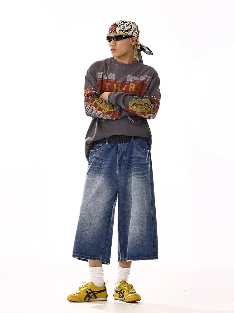 Vintage Blue Brushed Wide Leg Denim Jorts