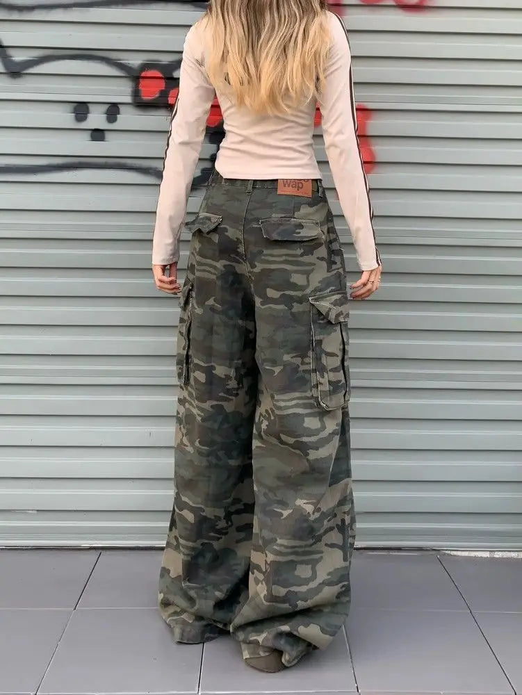 레트로 루즈핏 하이웨이스트 카모플라주 청바지
