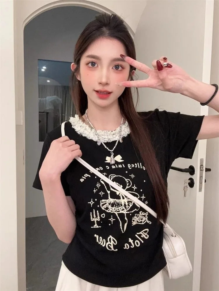 Sweet Cartoon Bear Printed Lace T-Shirt
