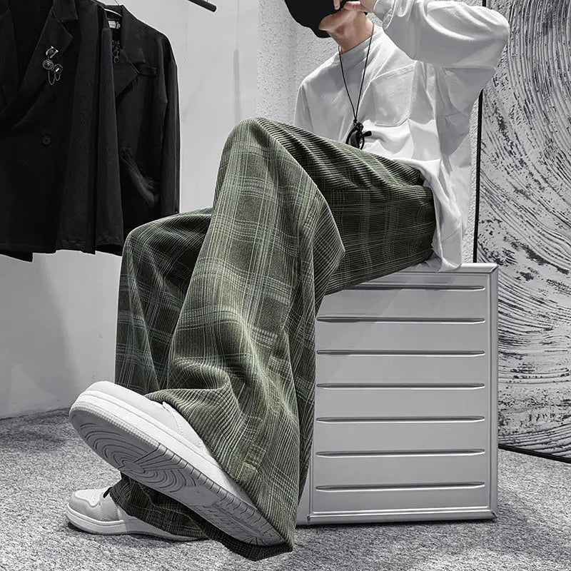 Streetwear Hip Hop Plaid Corduroy Wide Leg Pants