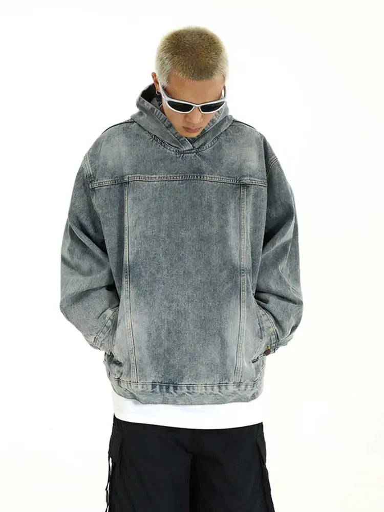 Breathable Patchwork Blue Wash Denim Hoodie
