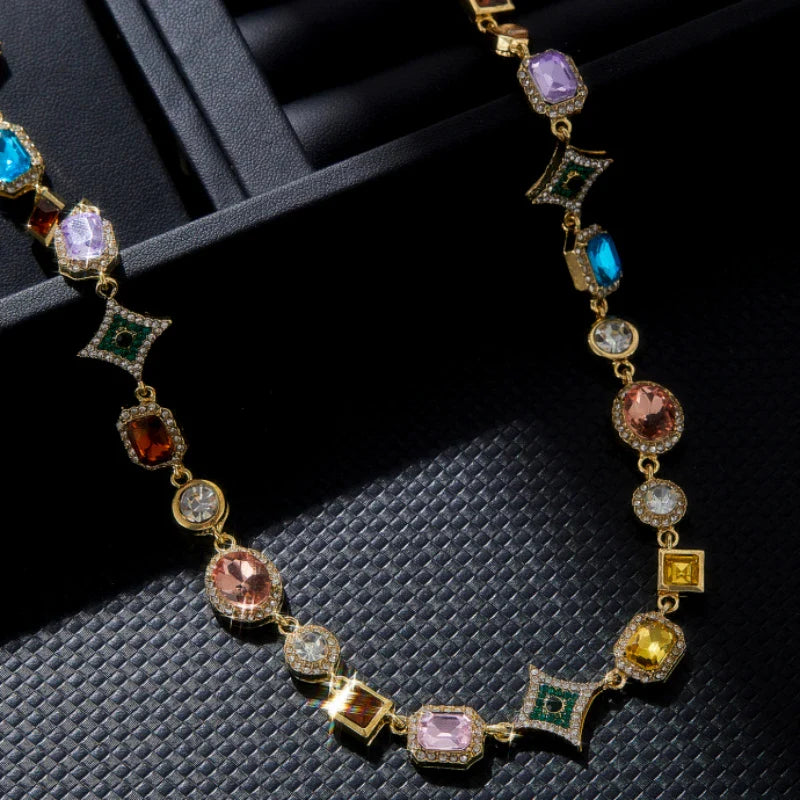 Colorful Zirconia Geometric Chain Necklace