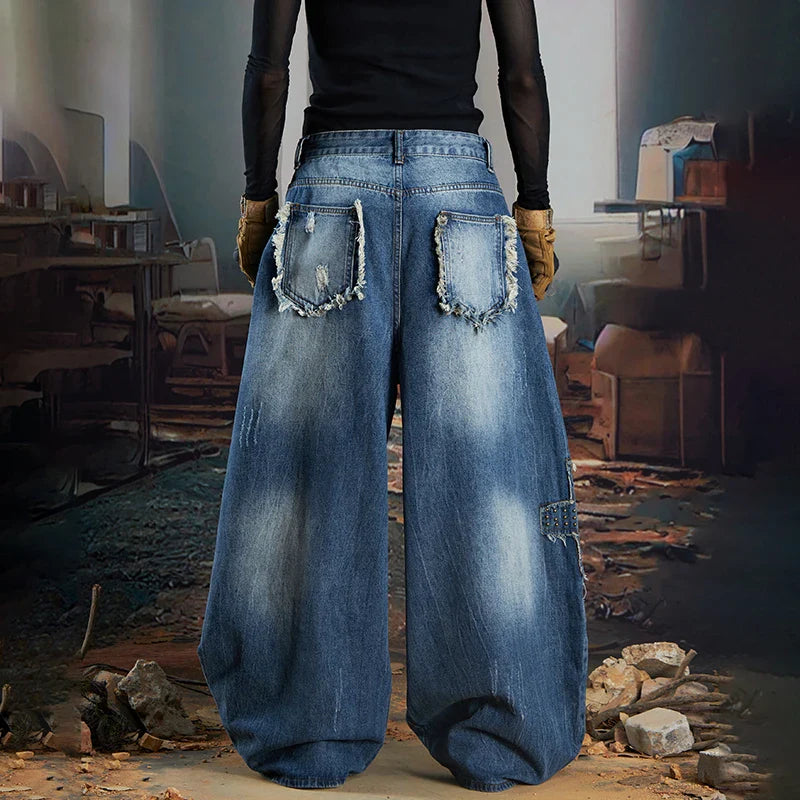 Vintage Patchwork Design Ripped Wide Leg Jeans
