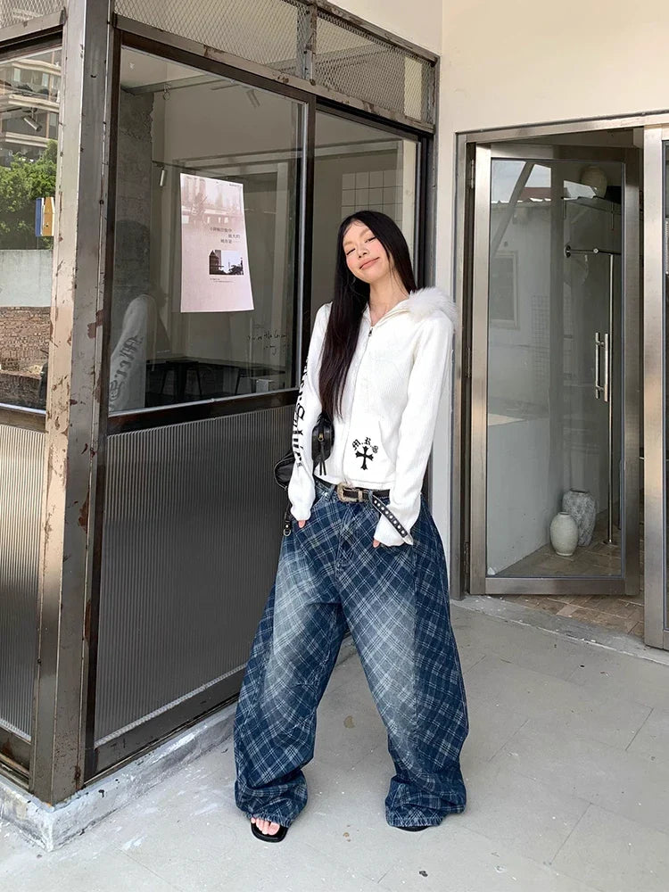 Blue Oversized Letter Print Wide Leg Jeans