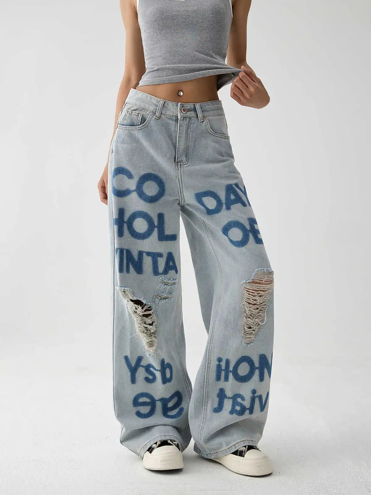 American Style Oversize Ripped Printed Blue Denim Jeans