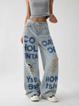 American Style Oversize Ripped Printed Blue Denim Jeans