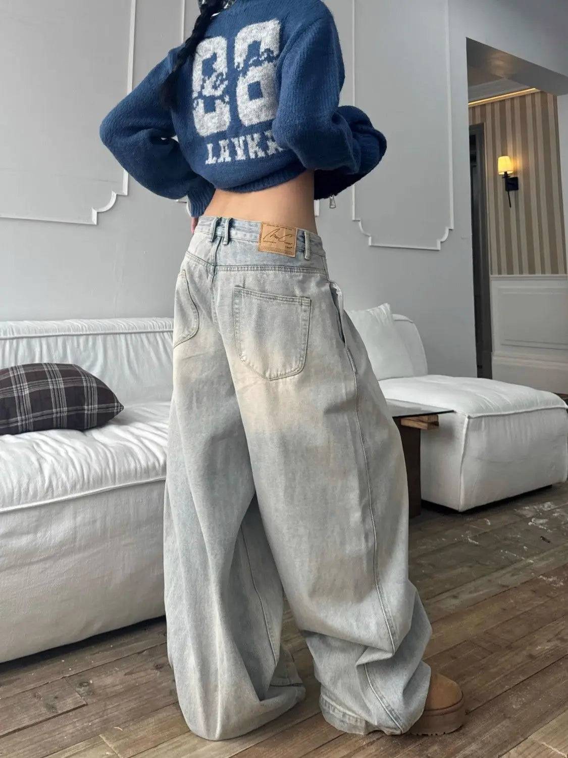 레트로 루즈 와이드 레그 데님 진