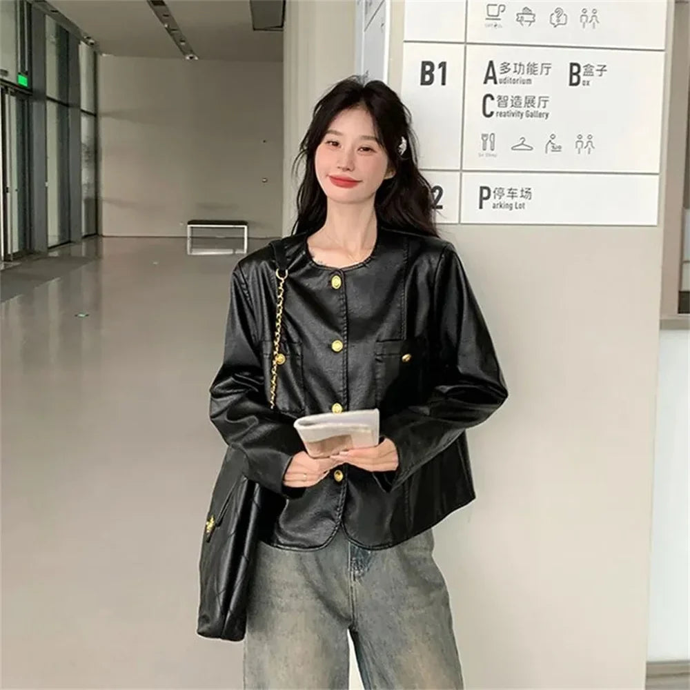 Damen Retro Kurzfrühe Lederjacke