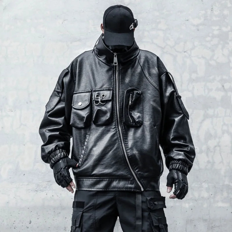 Patchwork Tactical Function PU Leather Jacket
