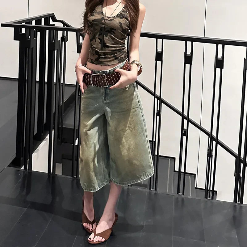 Retro Washed Denim High Waisted Denim Jorts