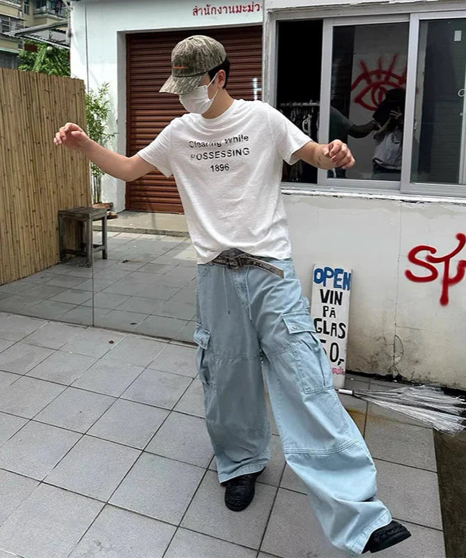 튼튼한 블루 빈티지 Y2K 와이드 레그 카고 진