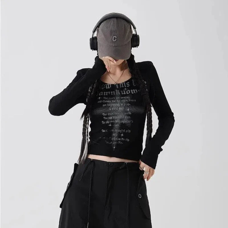 레트로 아메리칸 레터 프린트 벨벳 티셔츠