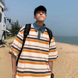일본 스타일 컬러 블록 스트라이프 라펠 티셔츠