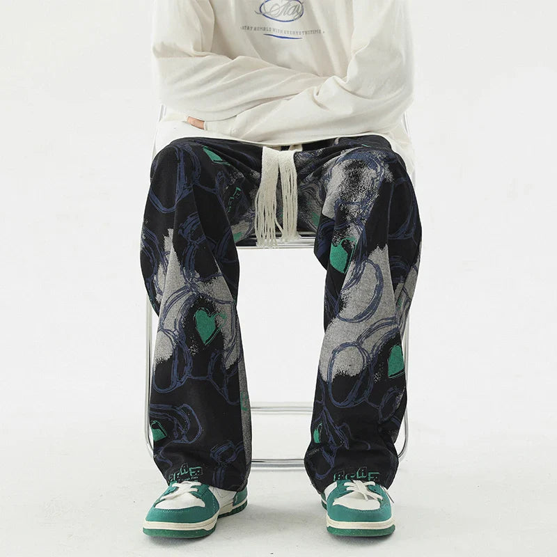 Vintage Graffiti Printed Straight Leg Sweatpants