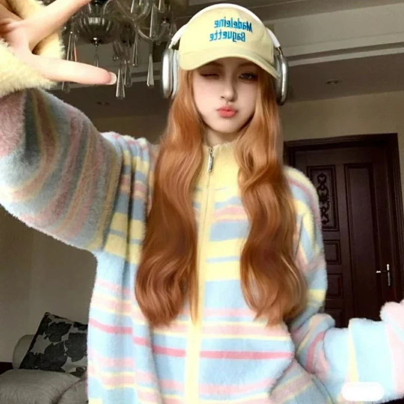 Soft Girl Rainbow Cozy Striped Zipper Sweater