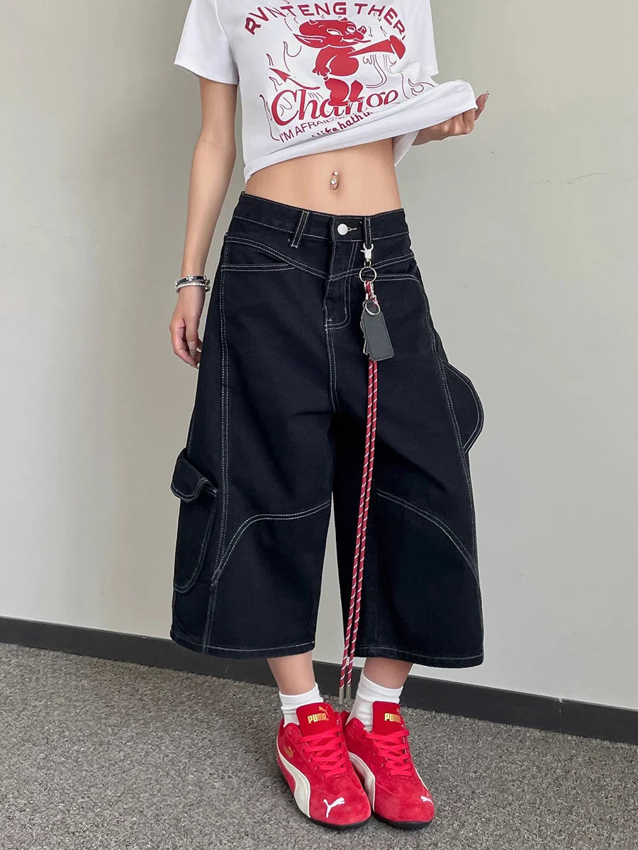 Retro Hip Hop High Waist Patchwork Cargo Jorts