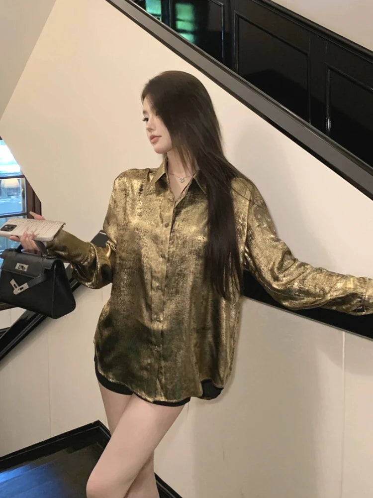 여성 클래식 럭셔리 골든 컬러 긴팔 셔츠