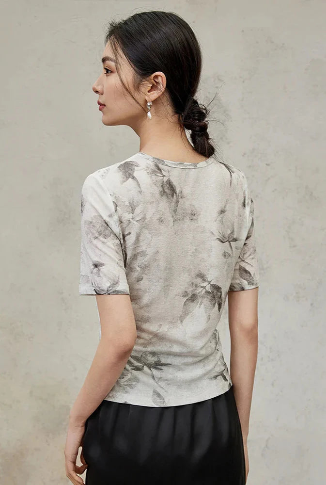 花柄くり抜きカジュアルゆったりTシャツ