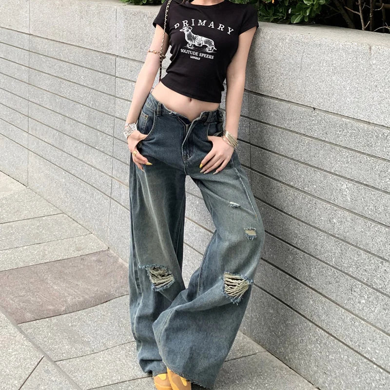 Retro Streetwear Washed High Waist Ripped Jeans