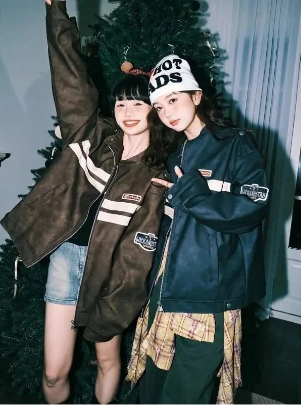Streetwear Y2K Colorful Retro Striped Leather Jacket
