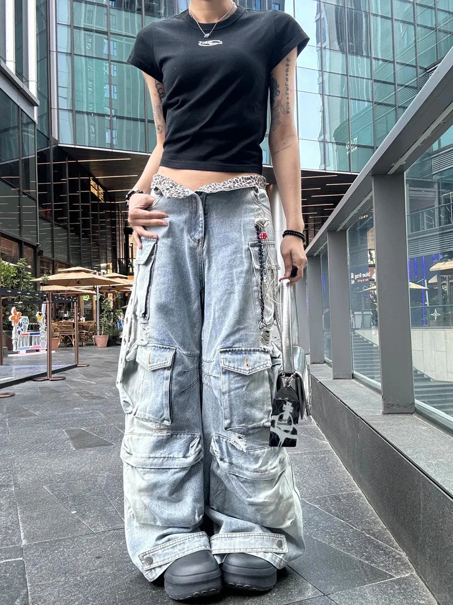 Leopard Print Low Rise Distressed Cargo Denim Jeans