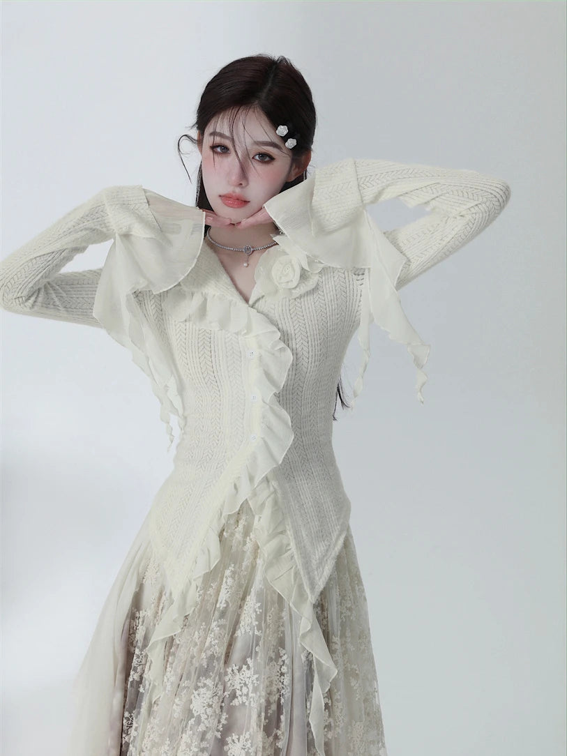 White Ruffles Flare Sleeve Women’s Sweater Cardigan
