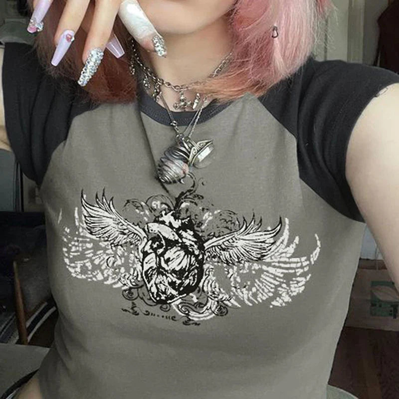 Y2K Winged Skull Emblem Graphic T-shirt