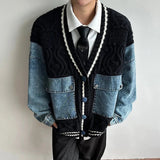 Leichter Patchwork-Denim-Cardigan mit V-Ausschnitt
