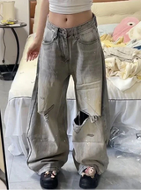 Jeans gris taille haute large streetwear décontractés vintage
