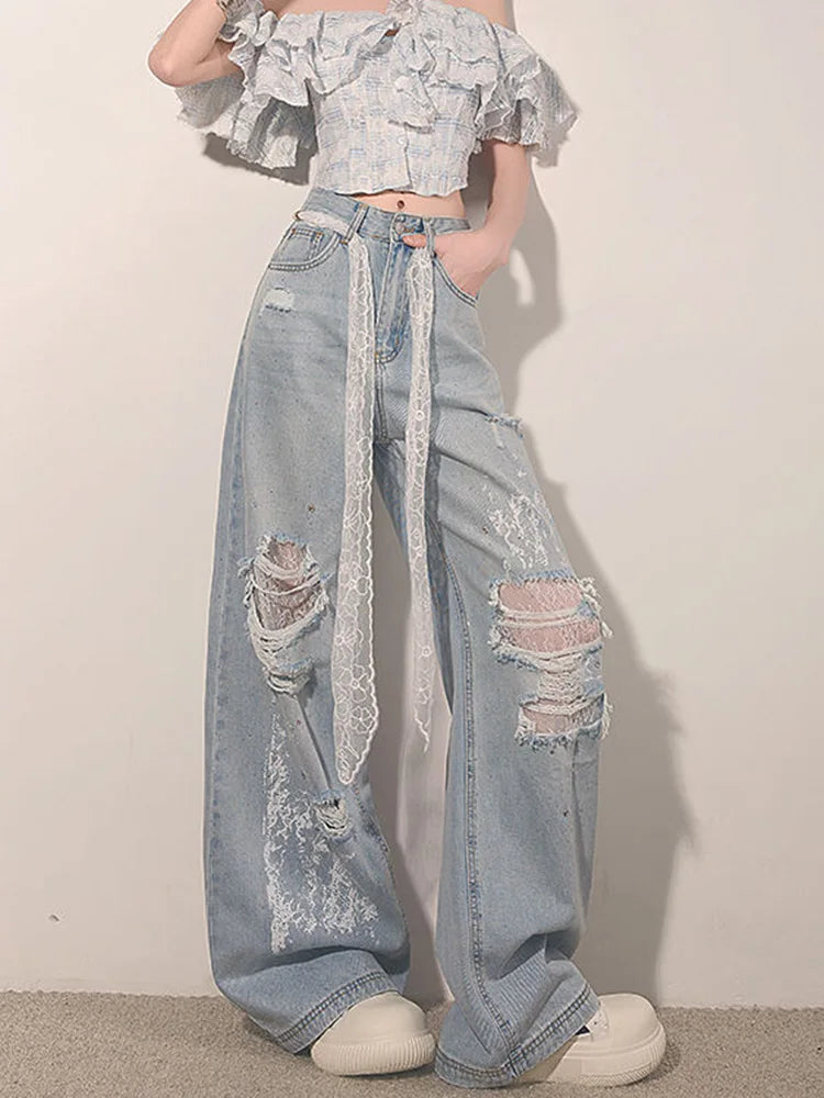 Women High Waist Ripped Lace Patchwork Jeans