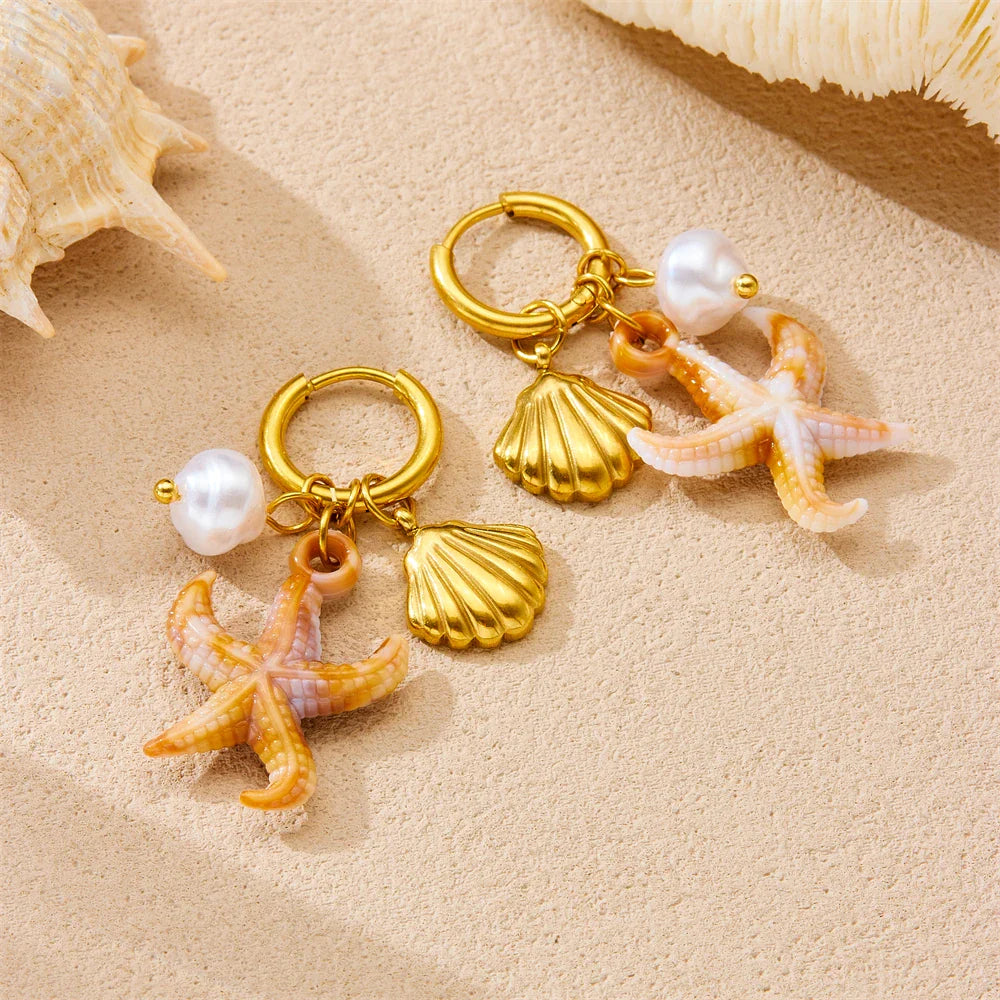 Golden Sea Star Scallop Pearl Earring