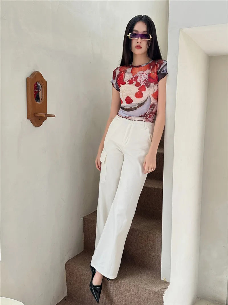 Y2K Fruit Graphic Mesh Crop Women’s T-shirt
