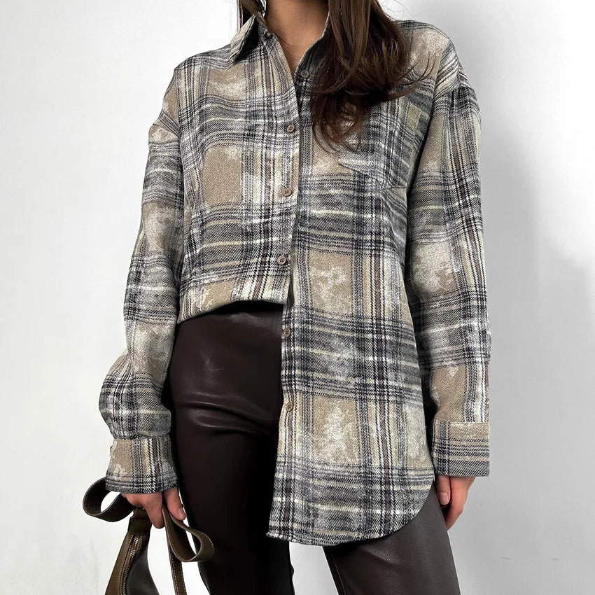 Fashionable Plaid Long Sleeve Casual Blouse Shirt