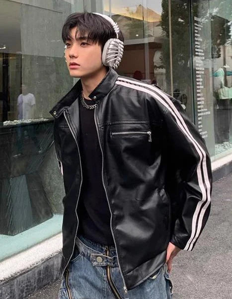 Korean Style Striped Casual PU Leather Jacket