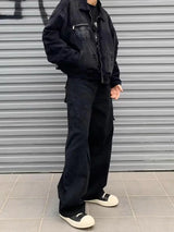 디스트레스드 디테일 하이웨이스트 루즈핏 데님 팬츠