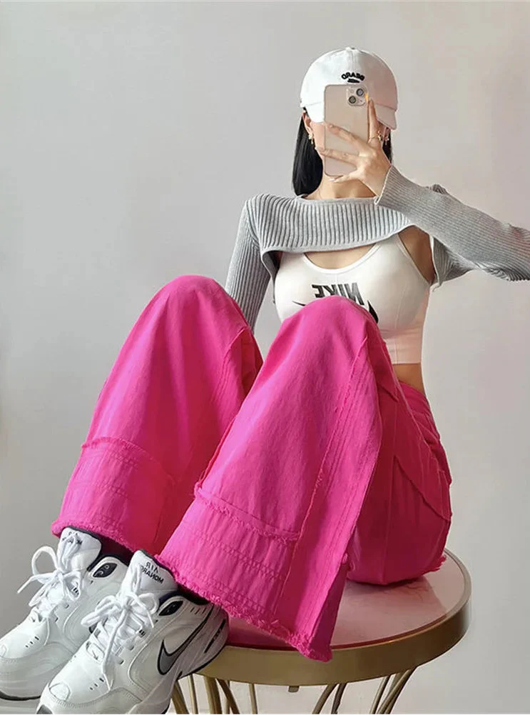 Pinkfarbene Y2K-Jeans mit hohem Bund und weitem Bein