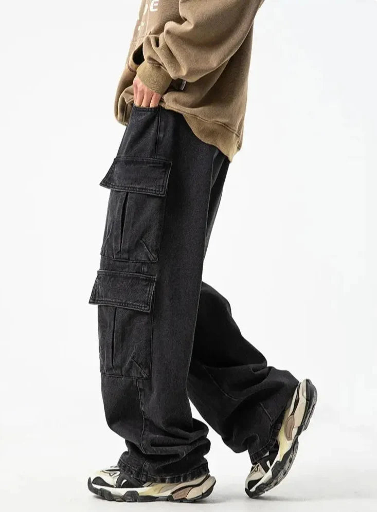 Timeless Fit Washed Denim Wide Leg Cargo Jeans