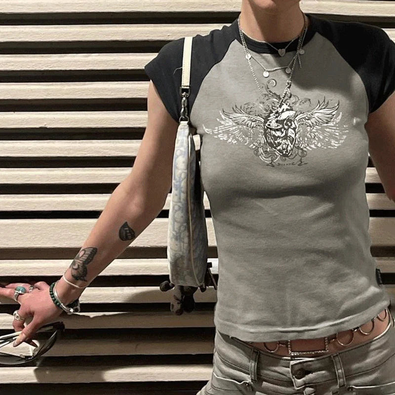 Y2K Winged Skull Emblem Graphic T-shirt