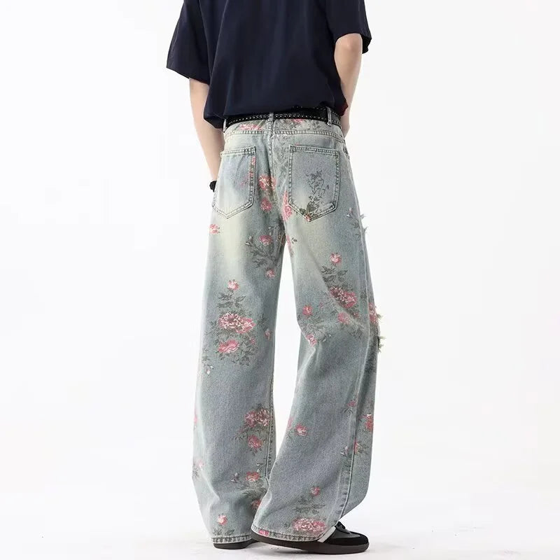 Jean déchiré jacquard à fleurs de pivoine rétro
