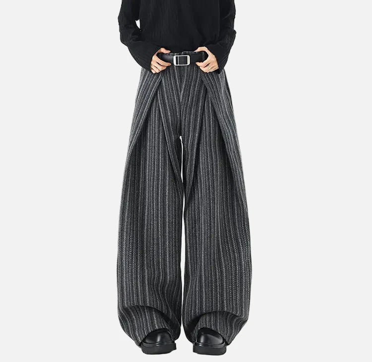 Striped Solid Color Woolen Pleated Wide Leg Pants