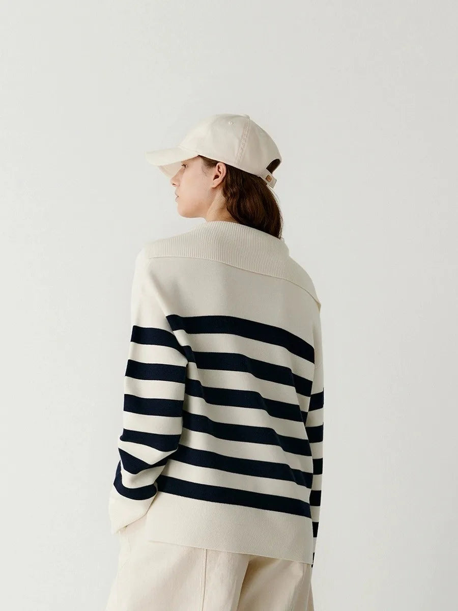 Women Navy Striped Loose Cashmere Sweater