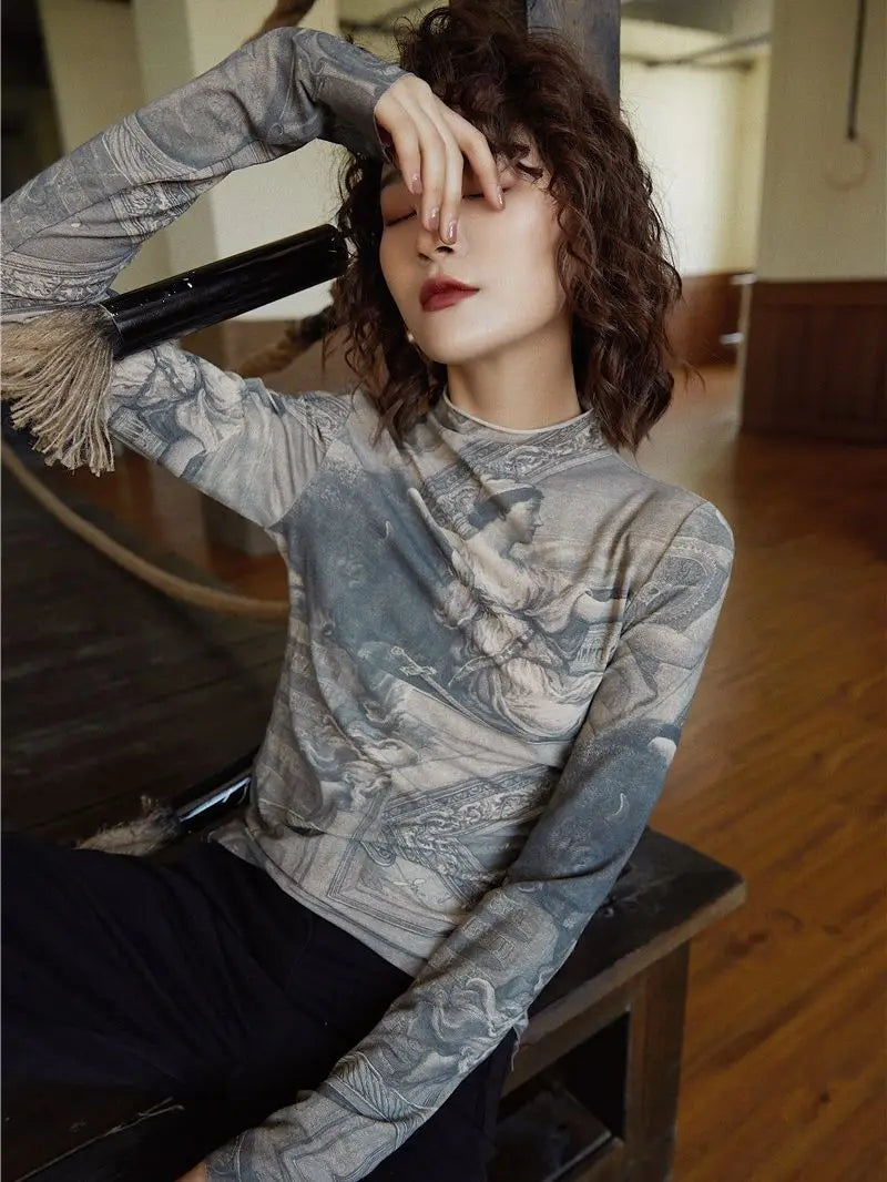 Renaissance Print Vintage Turtleneck Top