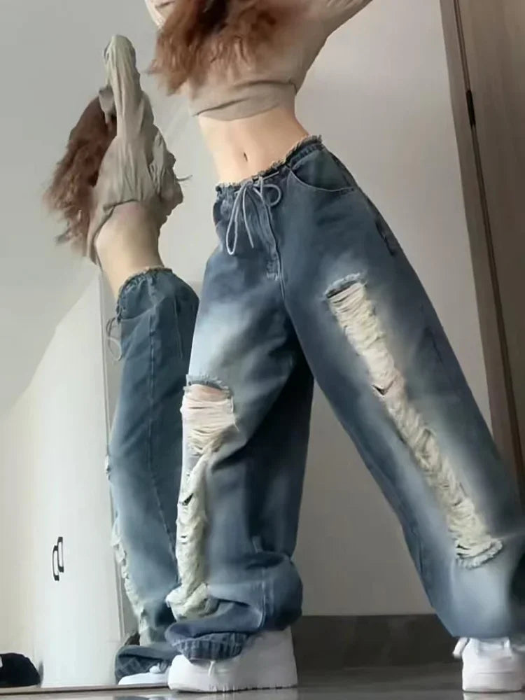 빈티지 찢어진 힙합 와이드 레그 청바지