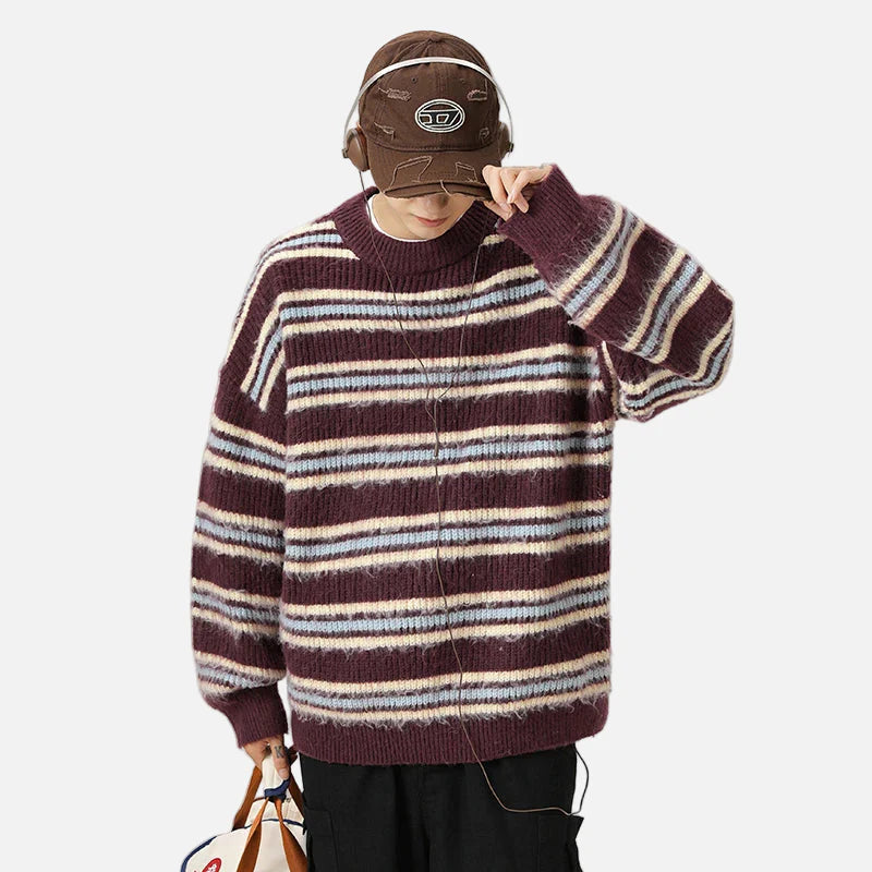 高品質ヒップホップストライプニットセーター