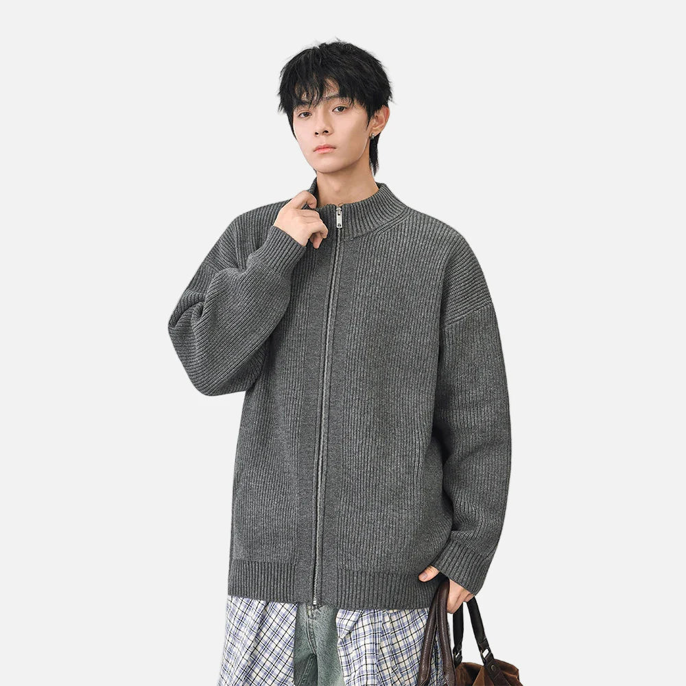 Gemütlicher gerippter Strickcardigan mit Stehkragen