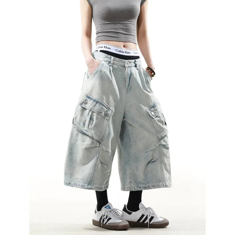 Streetwear Cool Vintage High Waist Blue Baggy Jorts