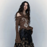 Grunge Aesthetics Knitted Off Shoulder T-Shirt