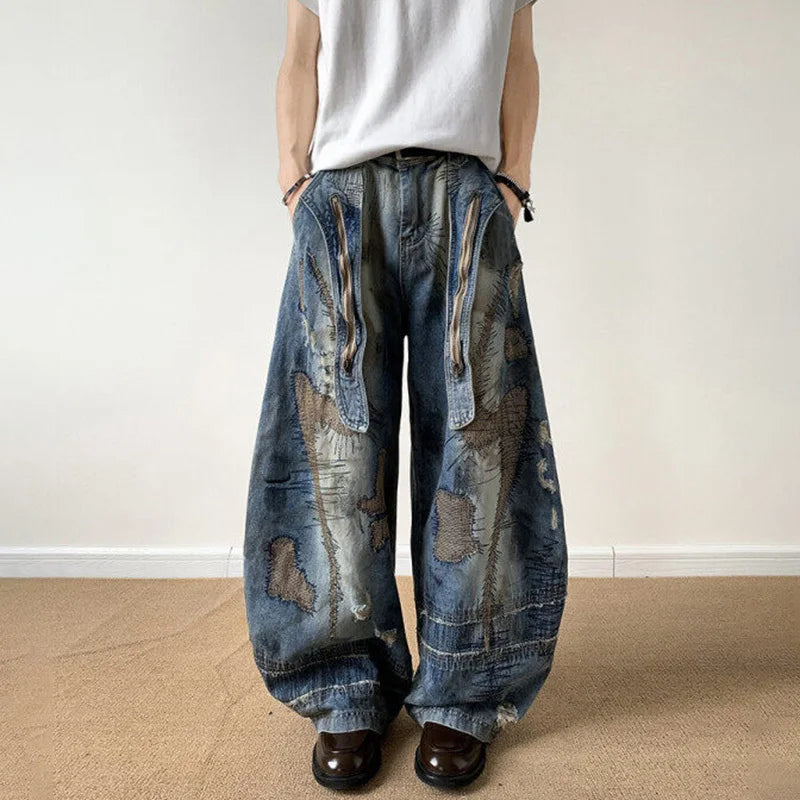 Flexible Patched Ribbon Loose Wide Leg Jeans