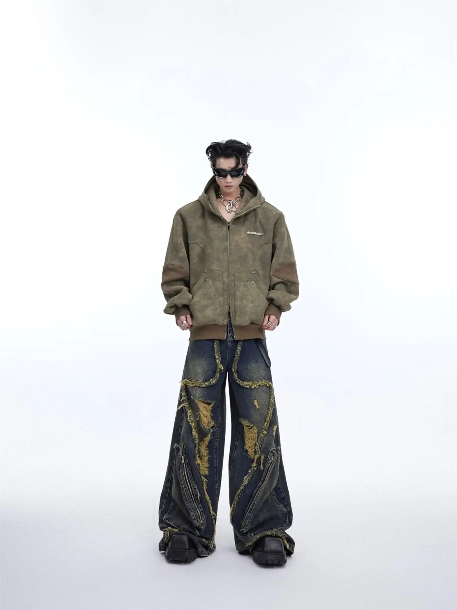 Y2K Streetwear Vintage Splicing Burr Edge Ripped Jeans