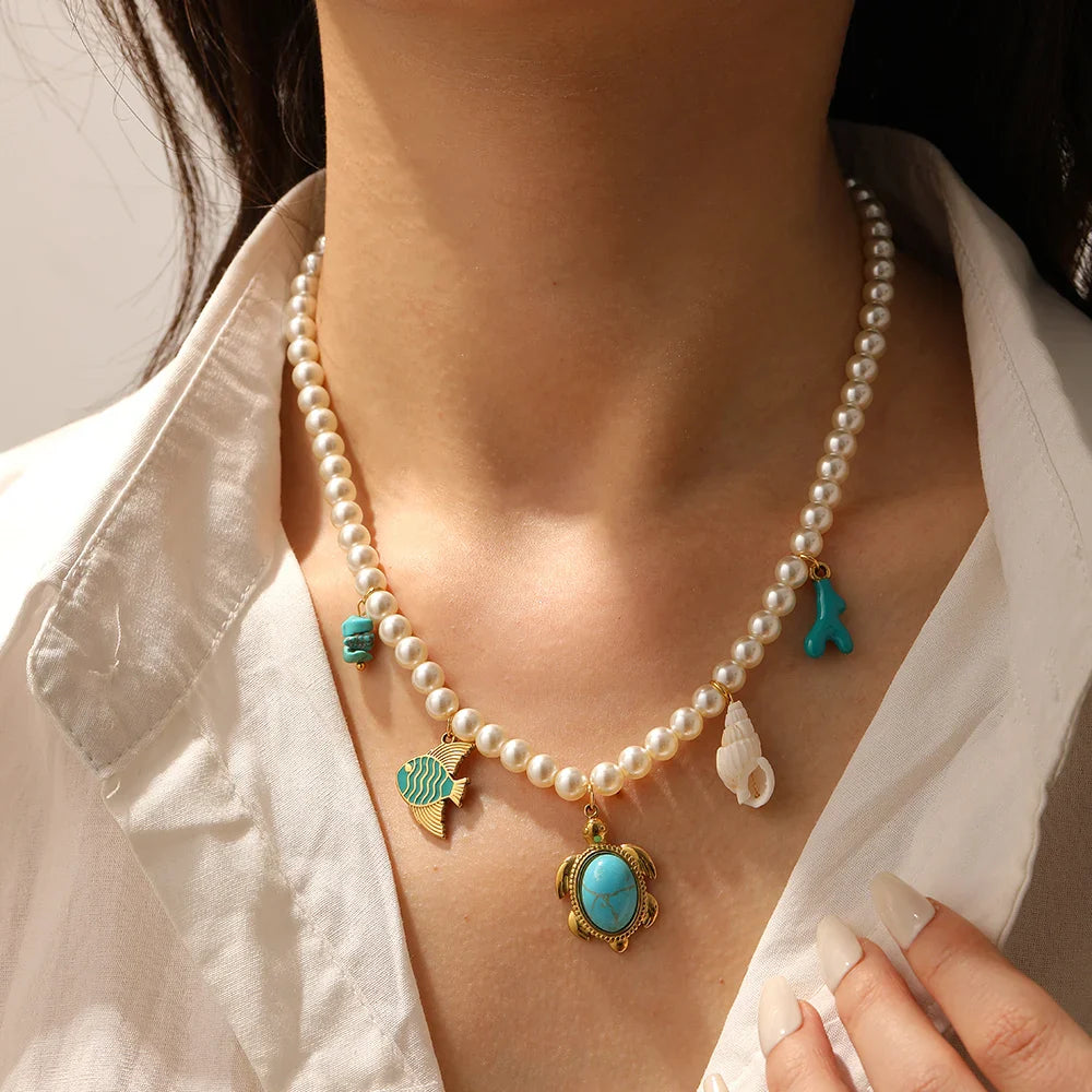 Turquoise Conch Fish Pendant Pearl Necklace